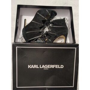 KARL LAGERFELD PARIS CAINE BLACK SUEDE HEEL SHOES BOOTIES STILETTO OPEN TOE 7.5